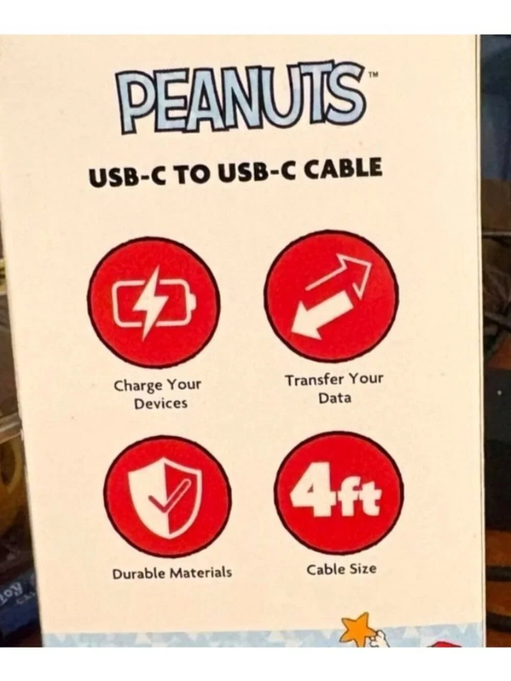 Peanuts Snoopy USB-C To USB-C Cable 4ft Holiday Design Durable Materials NISB
